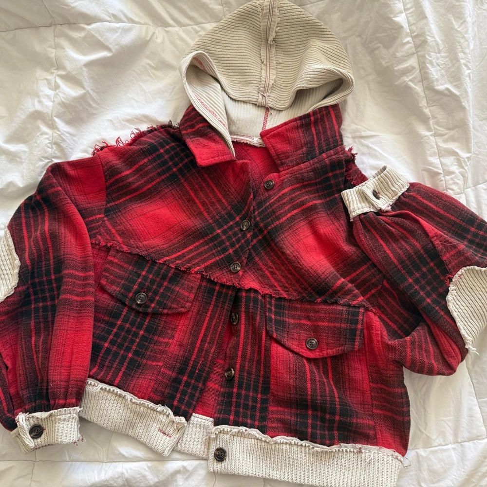 POL Cream and Red Stitched Fabric crop sweater jacket